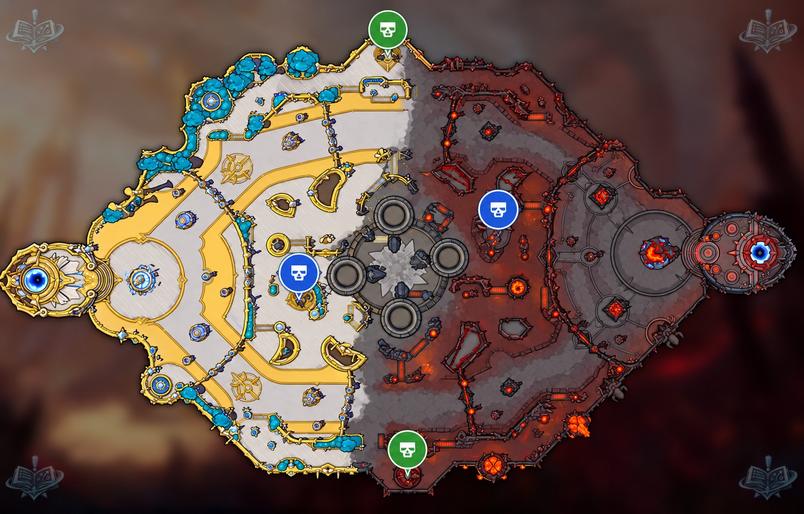 Mercenary camps: siege (green), bruiser (blue), boss (red)